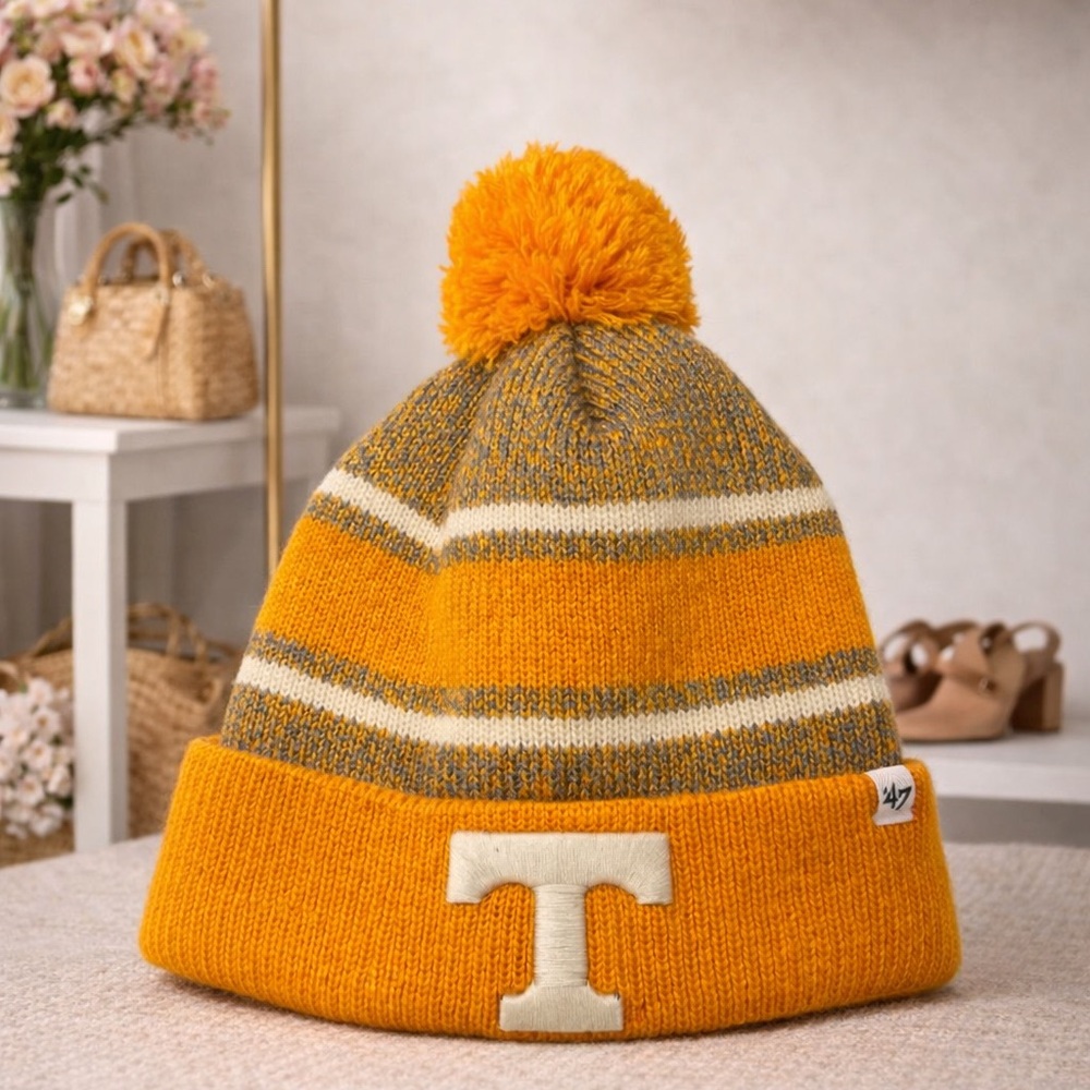 Orange and Gray Pom-Pom Beanie